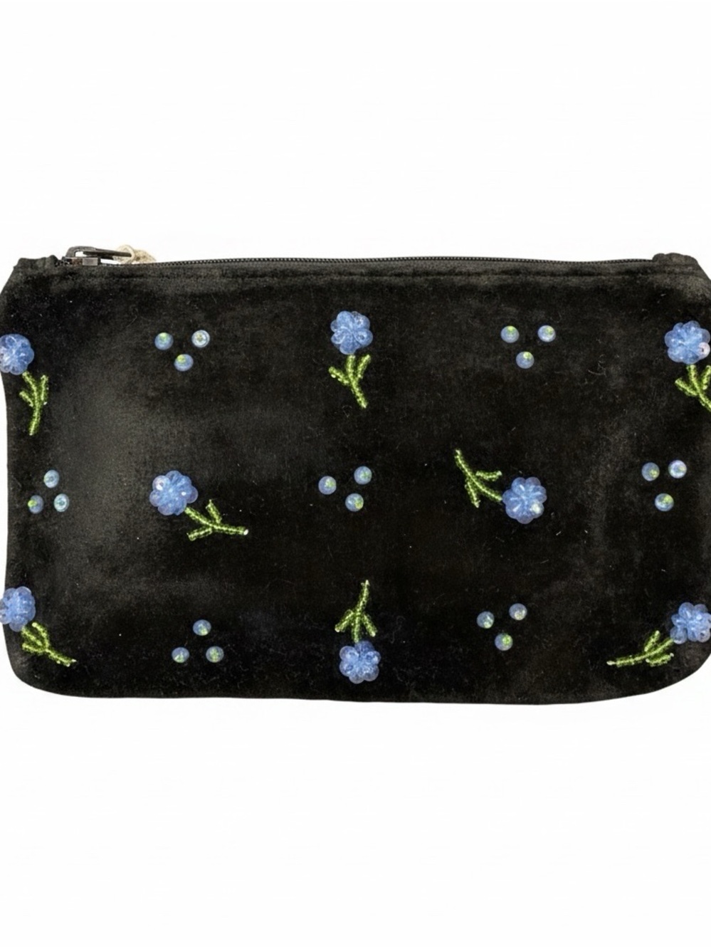 Black Velvet Wristlet Pouch with Blue Floral Bead Embroidery NWOT